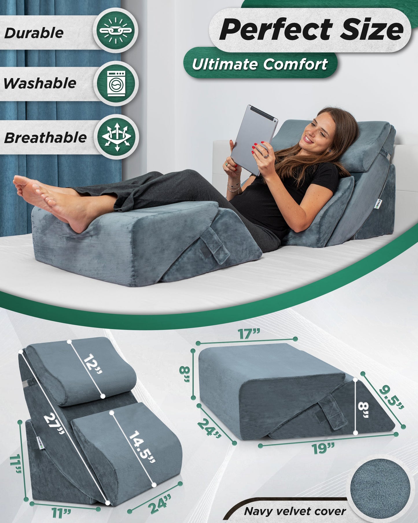 LX13 6-Piece Post-Surgery Recovery System, Orthopedic Bed Wedge Pillow Set, Stone Navy