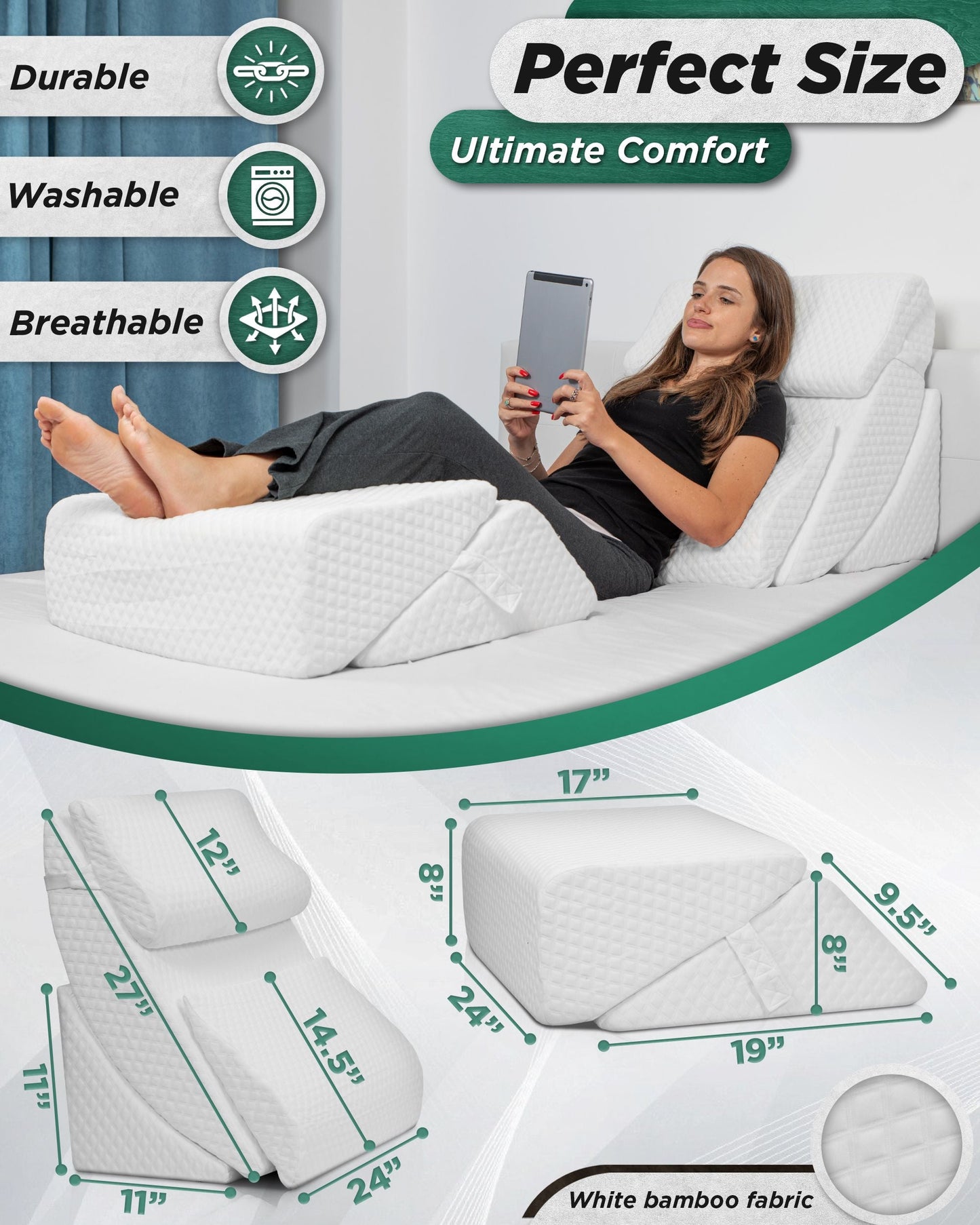 LX13 6-Piece Post-Surgery Recovery System, Orthopedic Bed Wedge Pillow Set, Pebble White