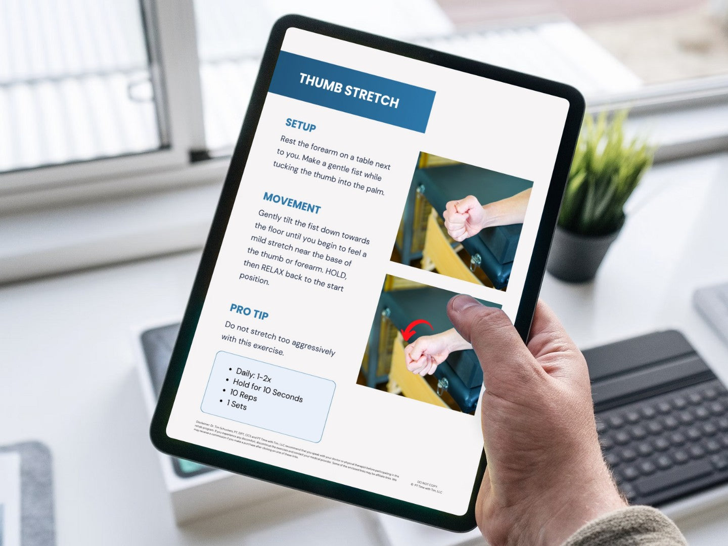 Thumb & Wrist Pain (DeQuervain's Tenosynovitis) At-Home Exercises Worksheet PDF Mockup 1 on ipad